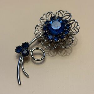 Vintage Silver Tone Blue Rhinestone Floral Brooch 2”